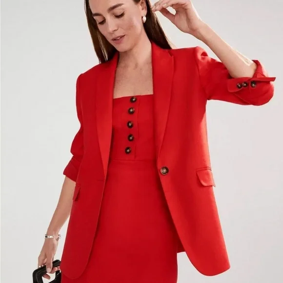NWT $198 ANN TAYLOR FIERY RED LINEN BLEND LONGLINE BLAZER SZ 2 - Picture 2 of 4